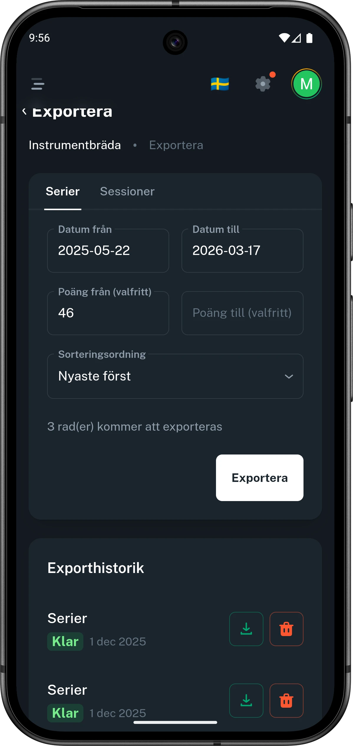Mobilvy från Club46s exportvy för serier och sessioner.