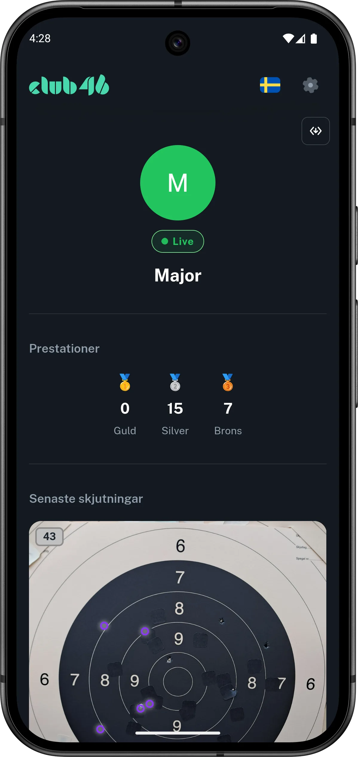 Mobilvy från Club46s publika liveprofil med prestationer och senaste skjutningar.