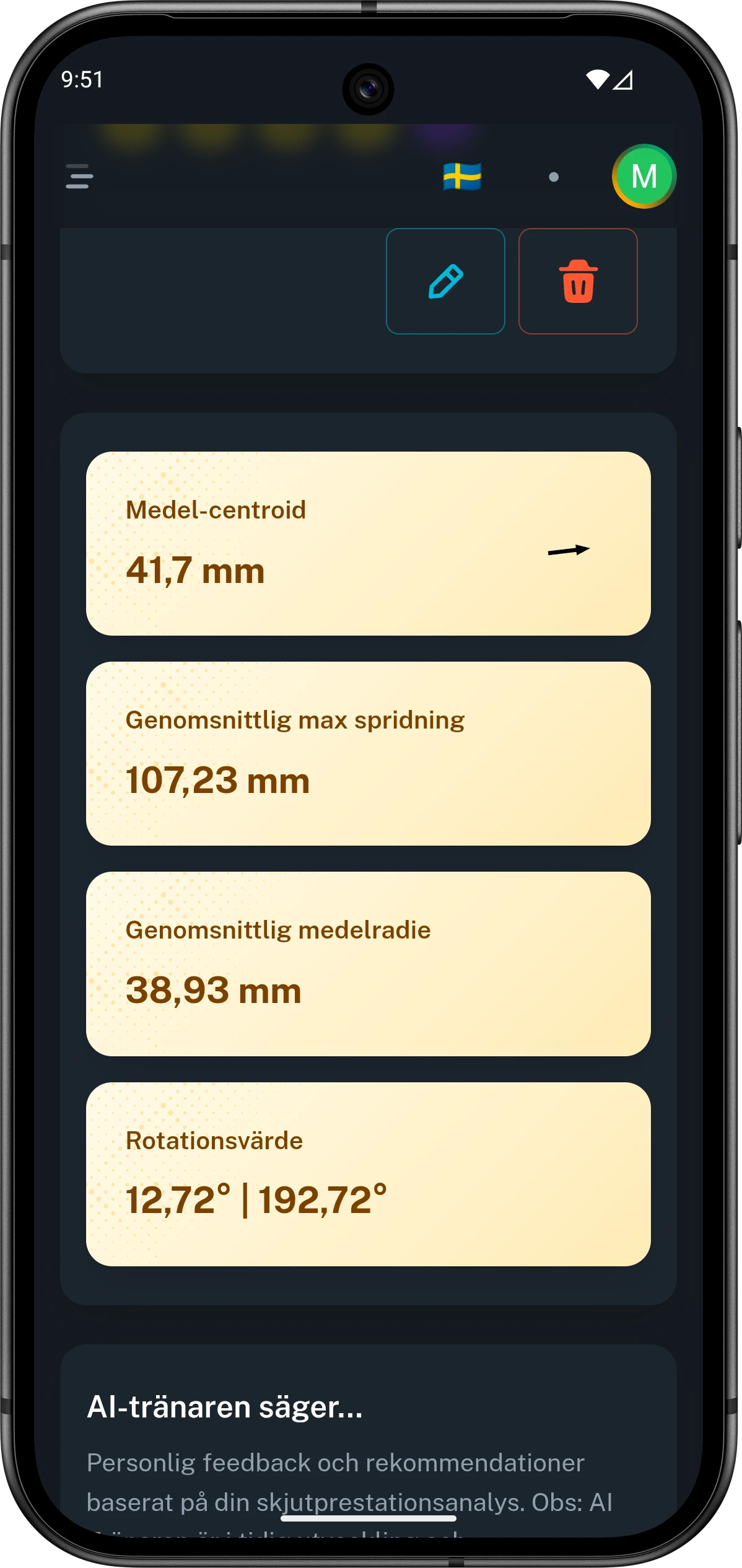 Mobilvy från Club46 med statistikmått för en serie som centroid, maxspridning och rotationsvärde.
