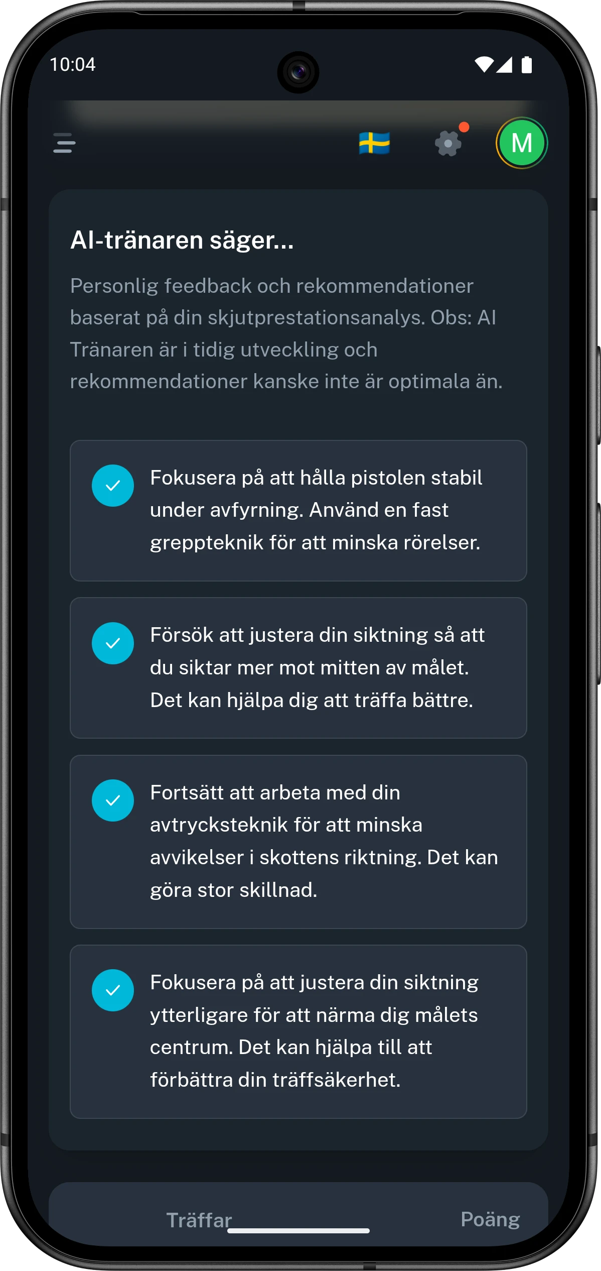 Mobilvy från Club46 med AI-feedback för en hel session.