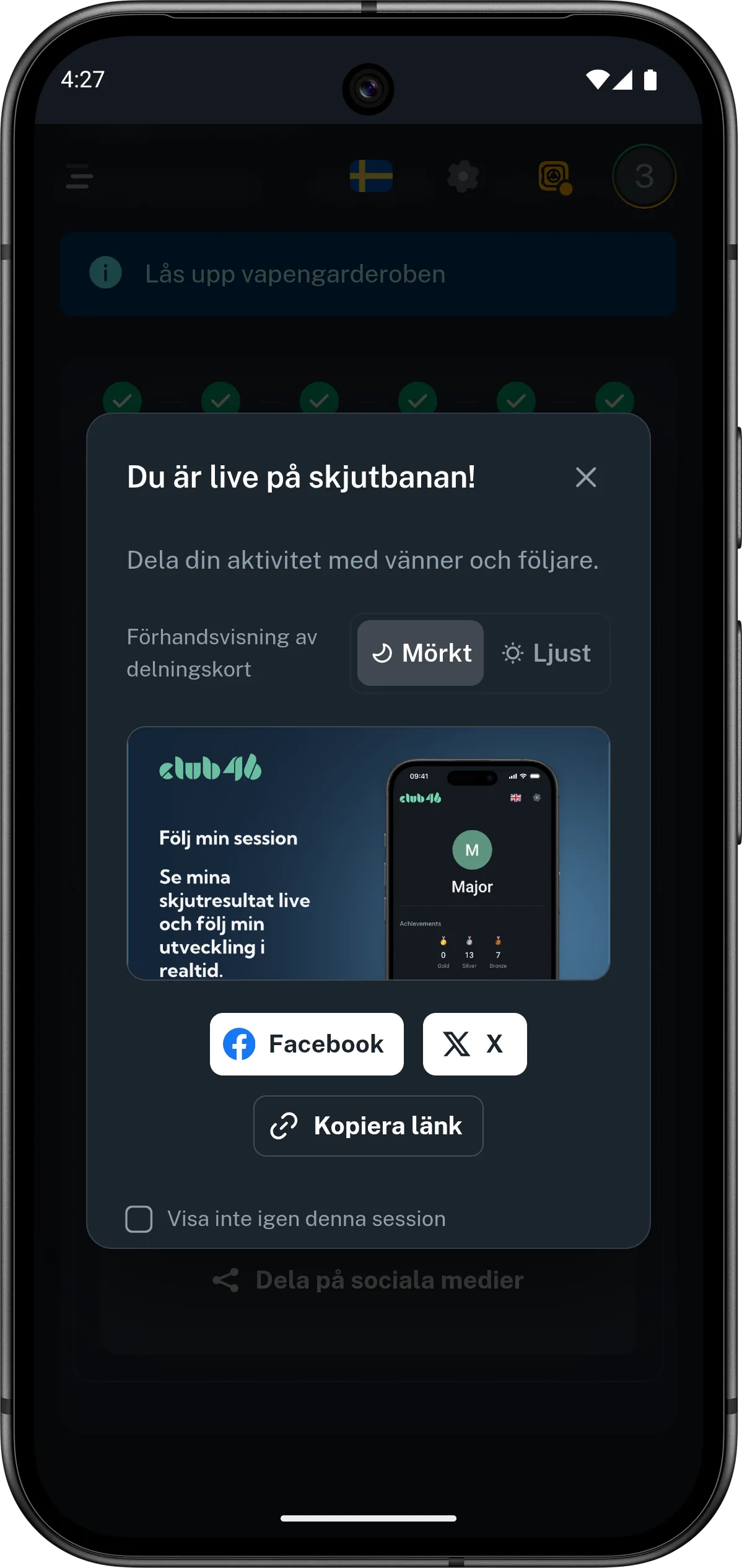 Mobilvy från Club46 där skytten delar ett livepass via sociala medier eller länk.